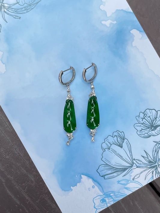 Green Jadeite Dangling Earrings  - Pea Pod Carvings (NJE019)