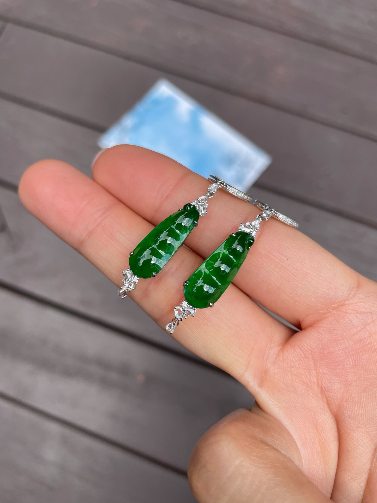 Green Jadeite Dangling Earrings  - Pea Pod Carvings (NJE019)