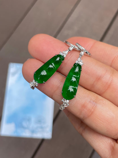 Green Jadeite Dangling Earrings  - Pea Pod Carvings (NJE019)