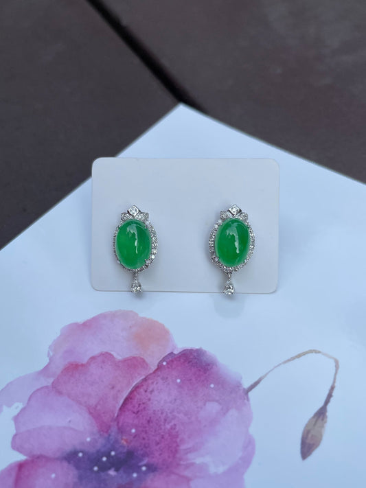 Icy Green Jadeite Cabochon Earrings (NJE023)