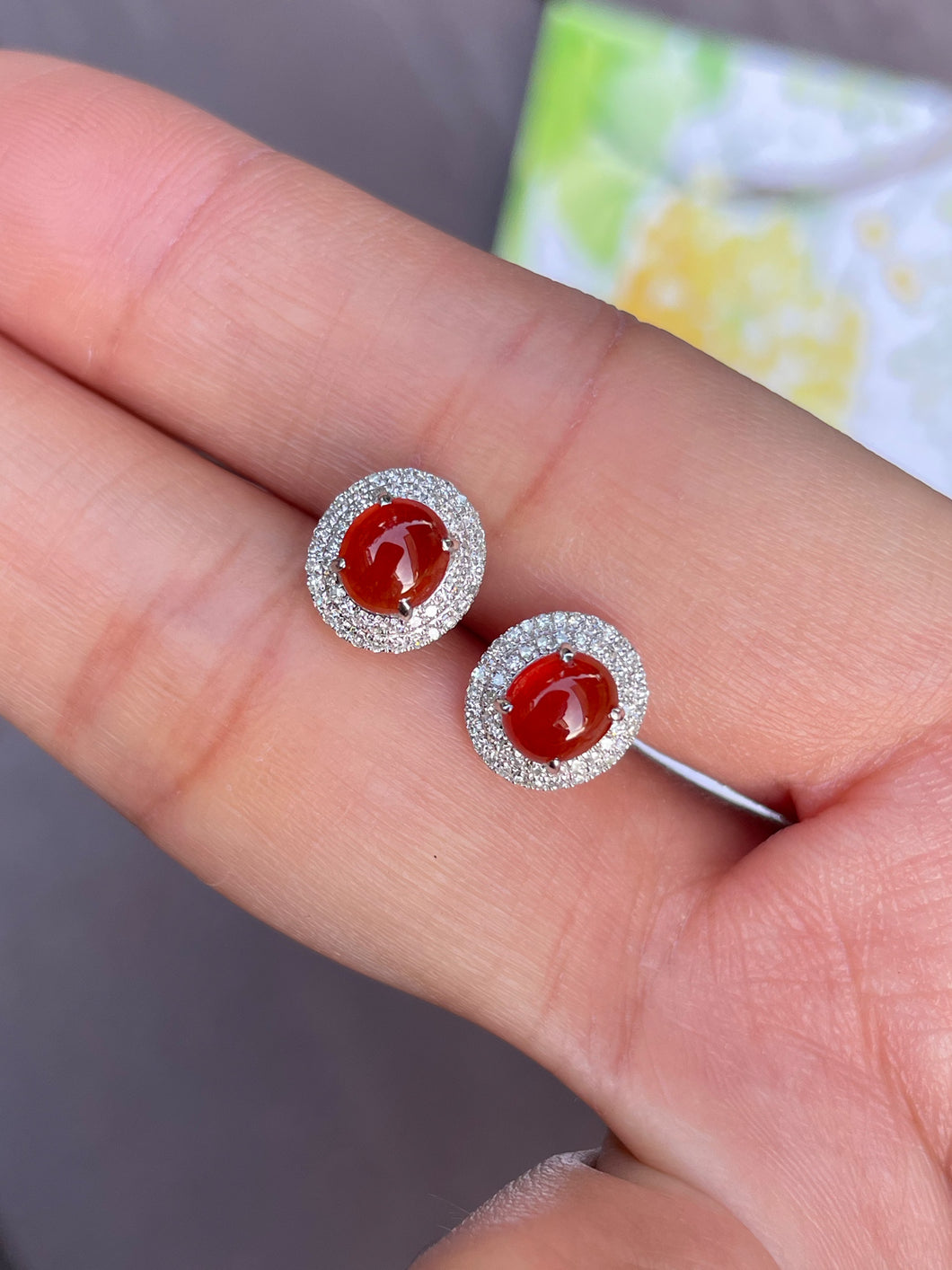 Orangy Red Jade Cabochon Earrings (NJE026)