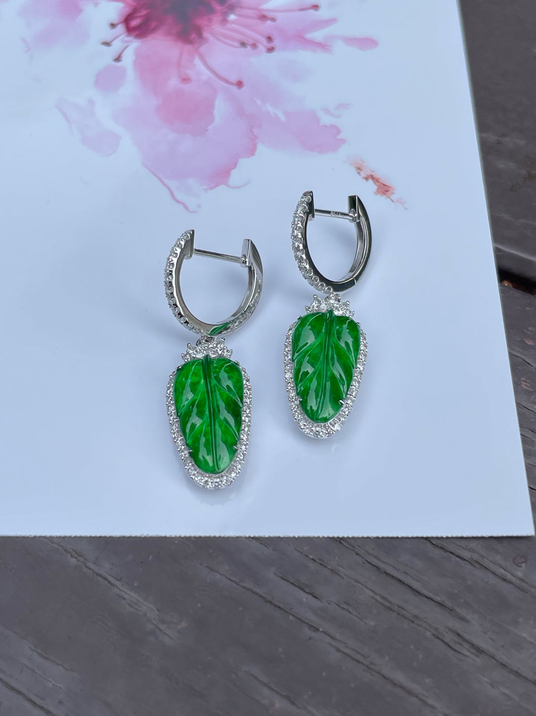 Green Jade Earrings - Leaf Carvings (NJE036)