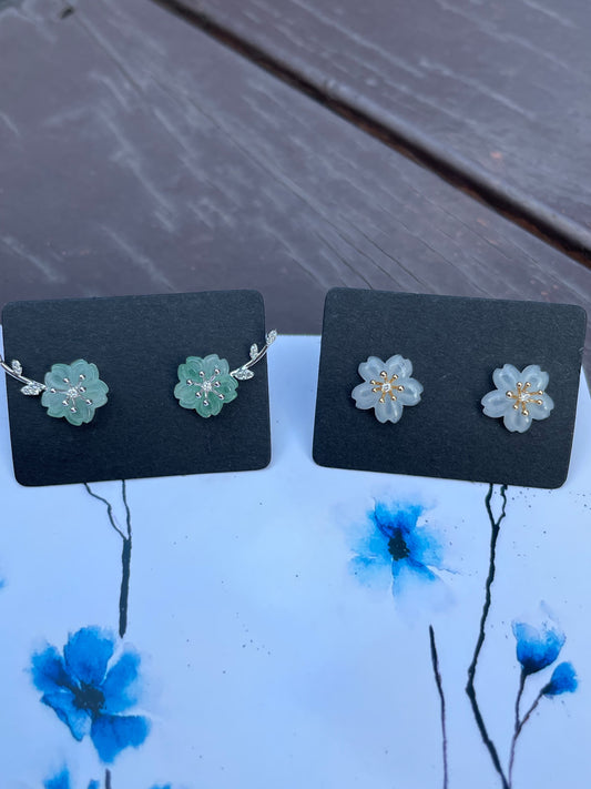 Icy White & Light Green Jade Earrings - Cherry Blossom (NJE037)