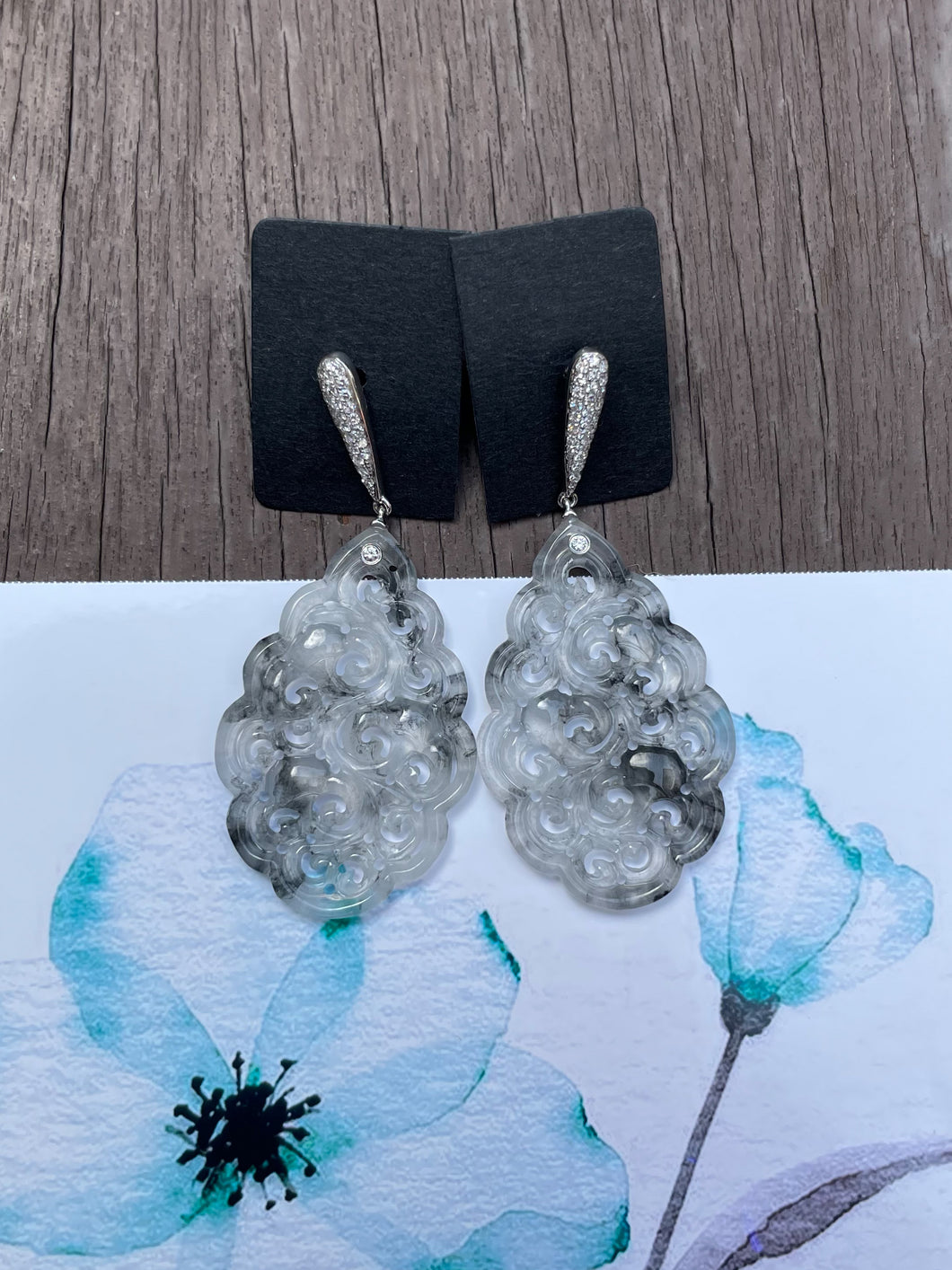 Icy Black Carved Jade Earrings (NJE050)
