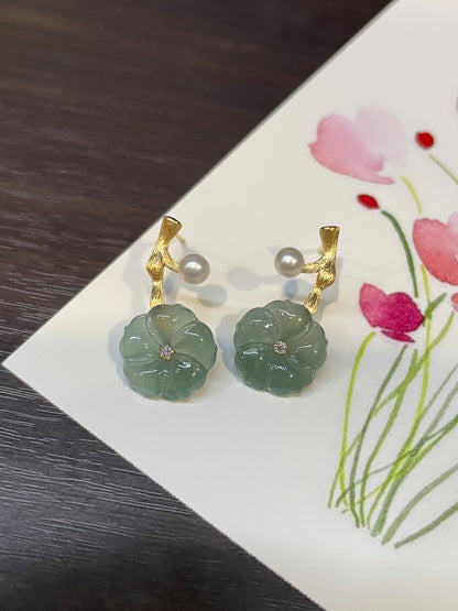 Carved Jade Earrings - Plum Blossoms (NJE052)