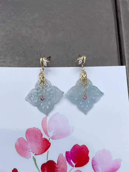 Icy White Carved Jade Earrings (NJE059)