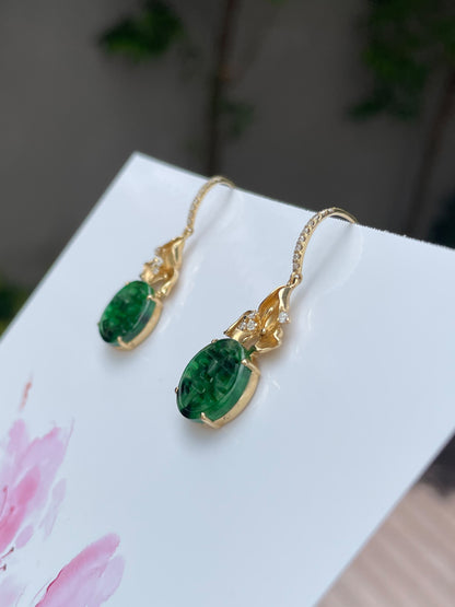 Dark Green Jadeite Earrings - Double Happiness 喜喜 (NJE061)