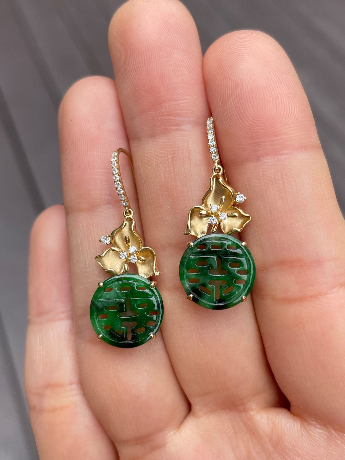 Dark Green Jadeite Earrings - Double Happiness 喜喜 (NJE061)