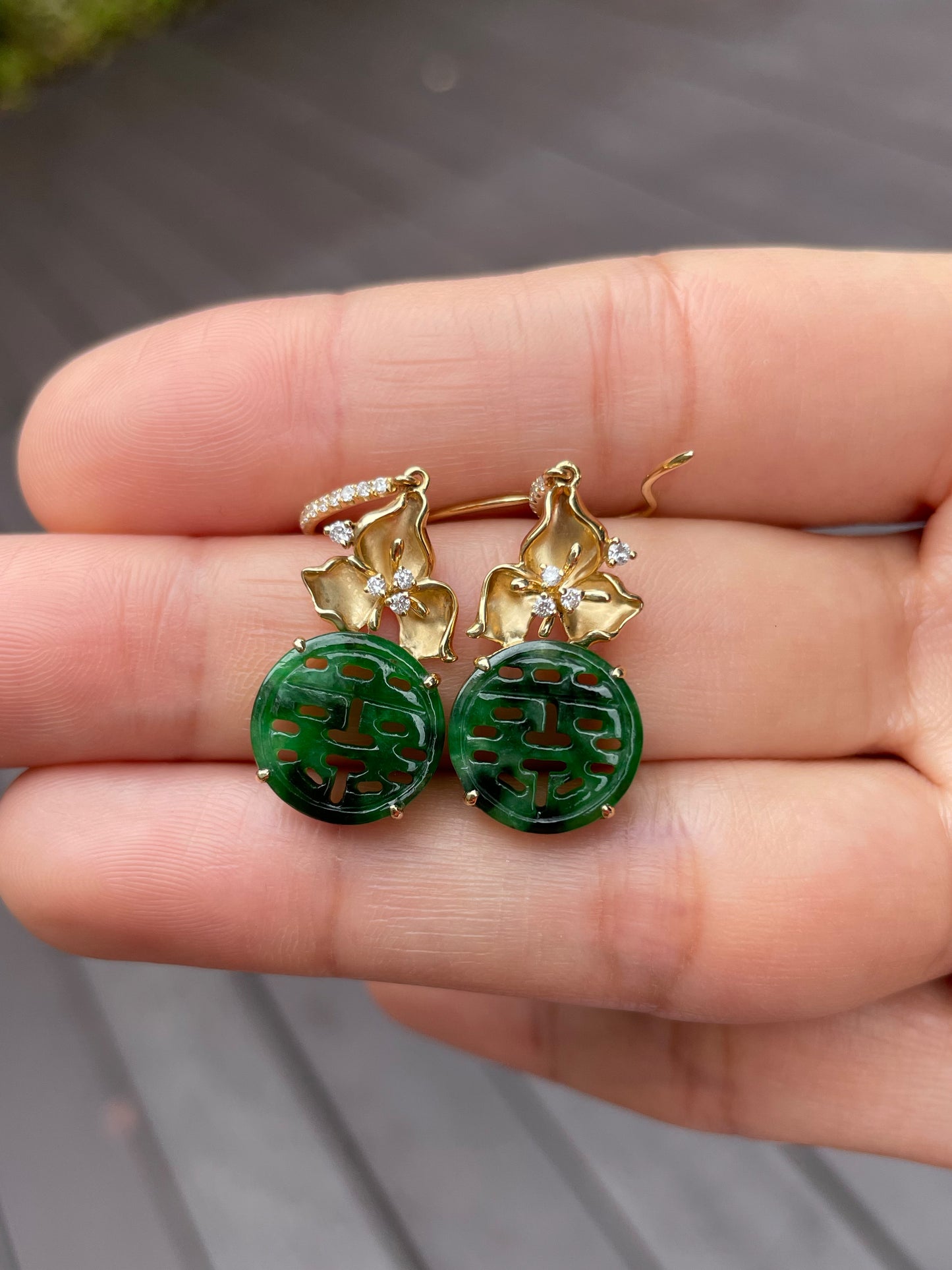 Dark Green Jadeite Earrings - Double Happiness 喜喜 (NJE061)