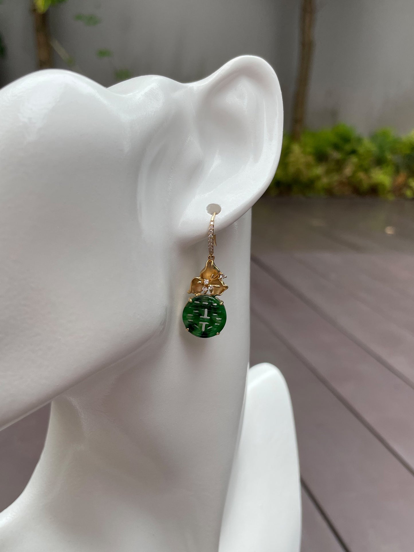 Dark Green Jadeite Earrings - Double Happiness 喜喜 (NJE061)