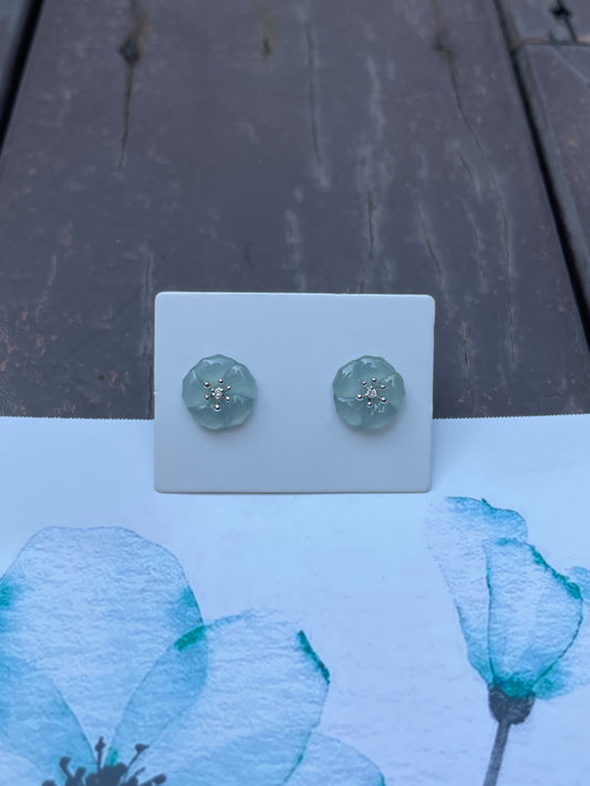 Light Bluish Green Carved Jade Earrings - Plum Blossoms (NJE068)