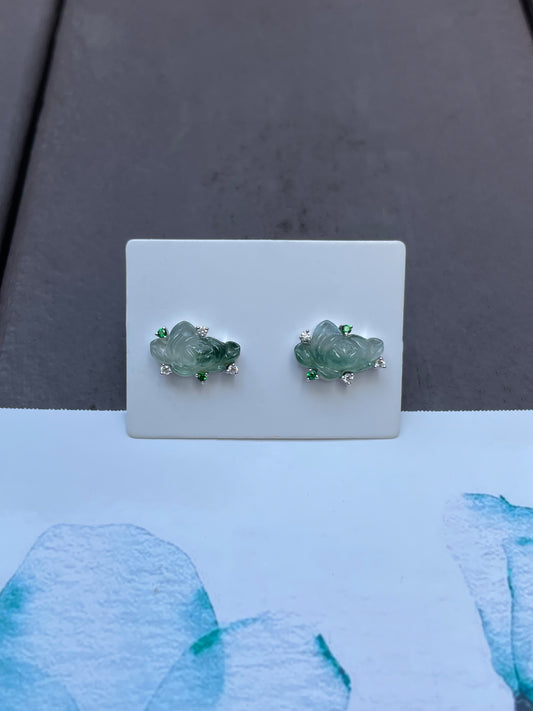 Carved Jade Earrings - Lotus Blossoms (NJE069)