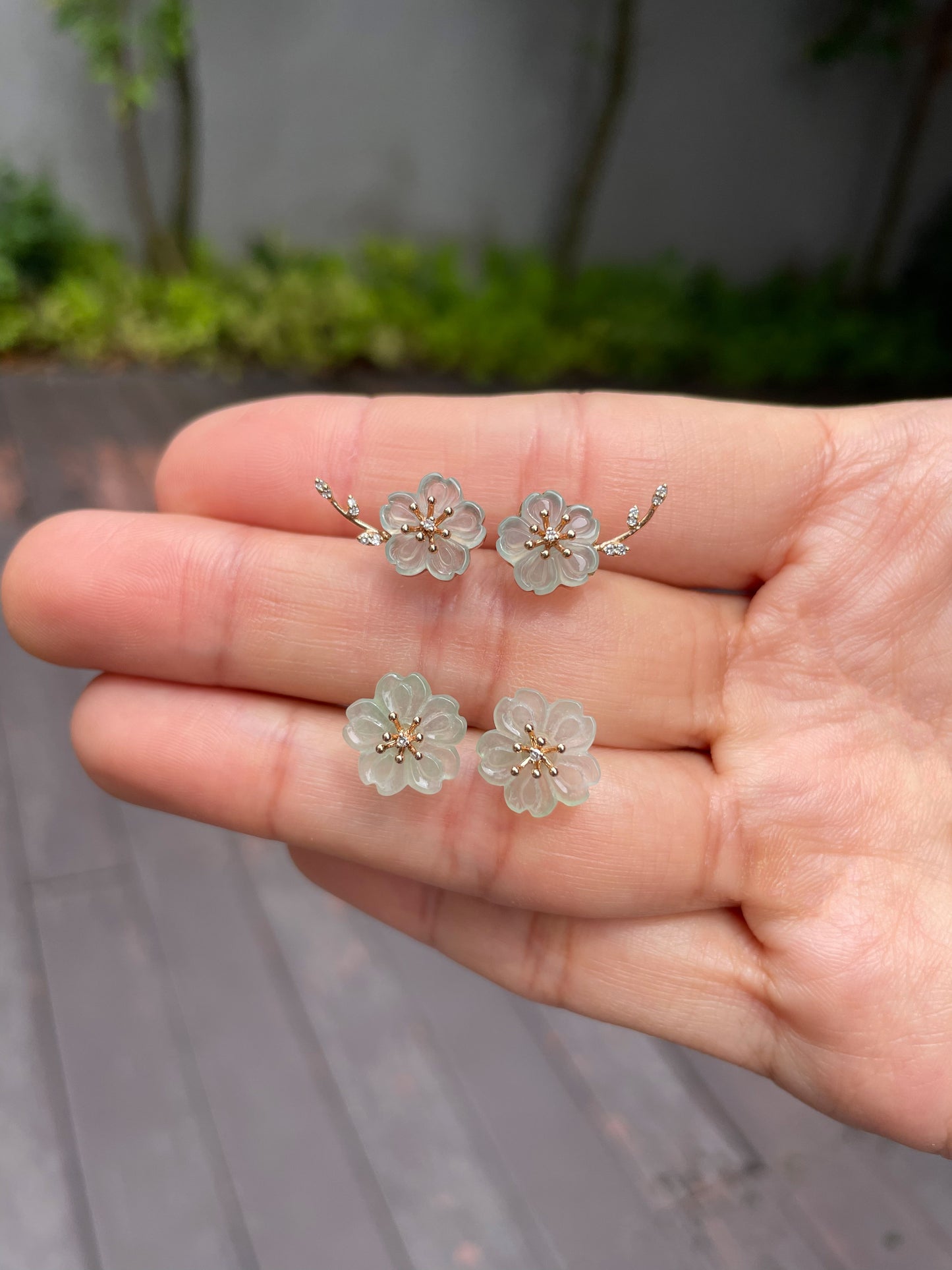 Icy Carved Jade Earrings - Cherry Blossom (NJE078)