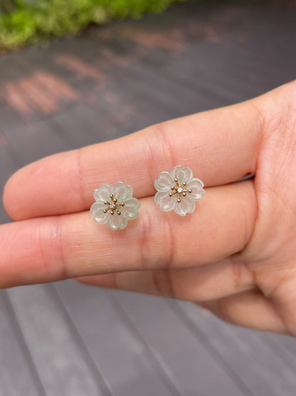 Icy Carved Jade Earrings - Cherry Blossom (NJE078)