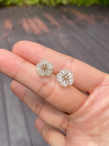 Icy Carved Jade Earrings - Cherry Blossom (NJE078)