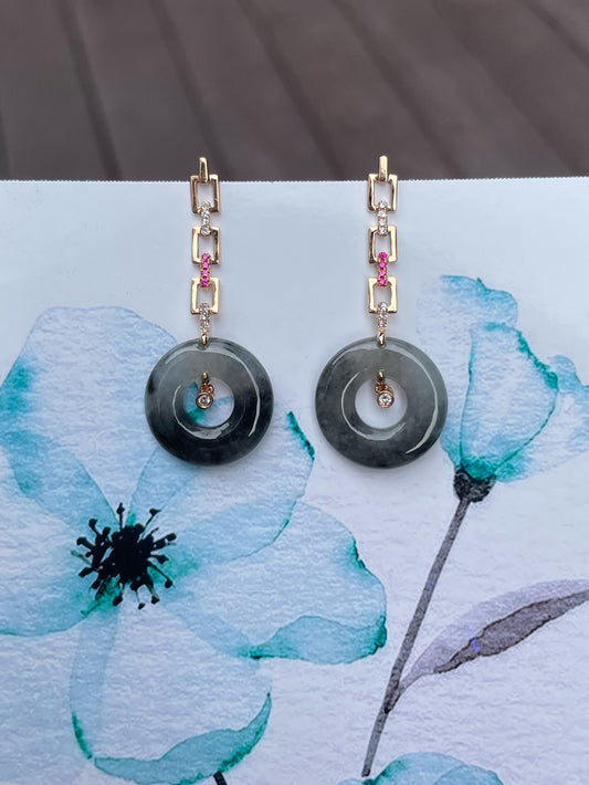 Icy Black Jade Earrings - Hoop Shaped (NJE083)