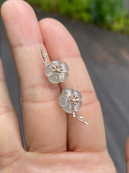 Icy Carved Jade Earrings - Plum Blossoms (NJE089)