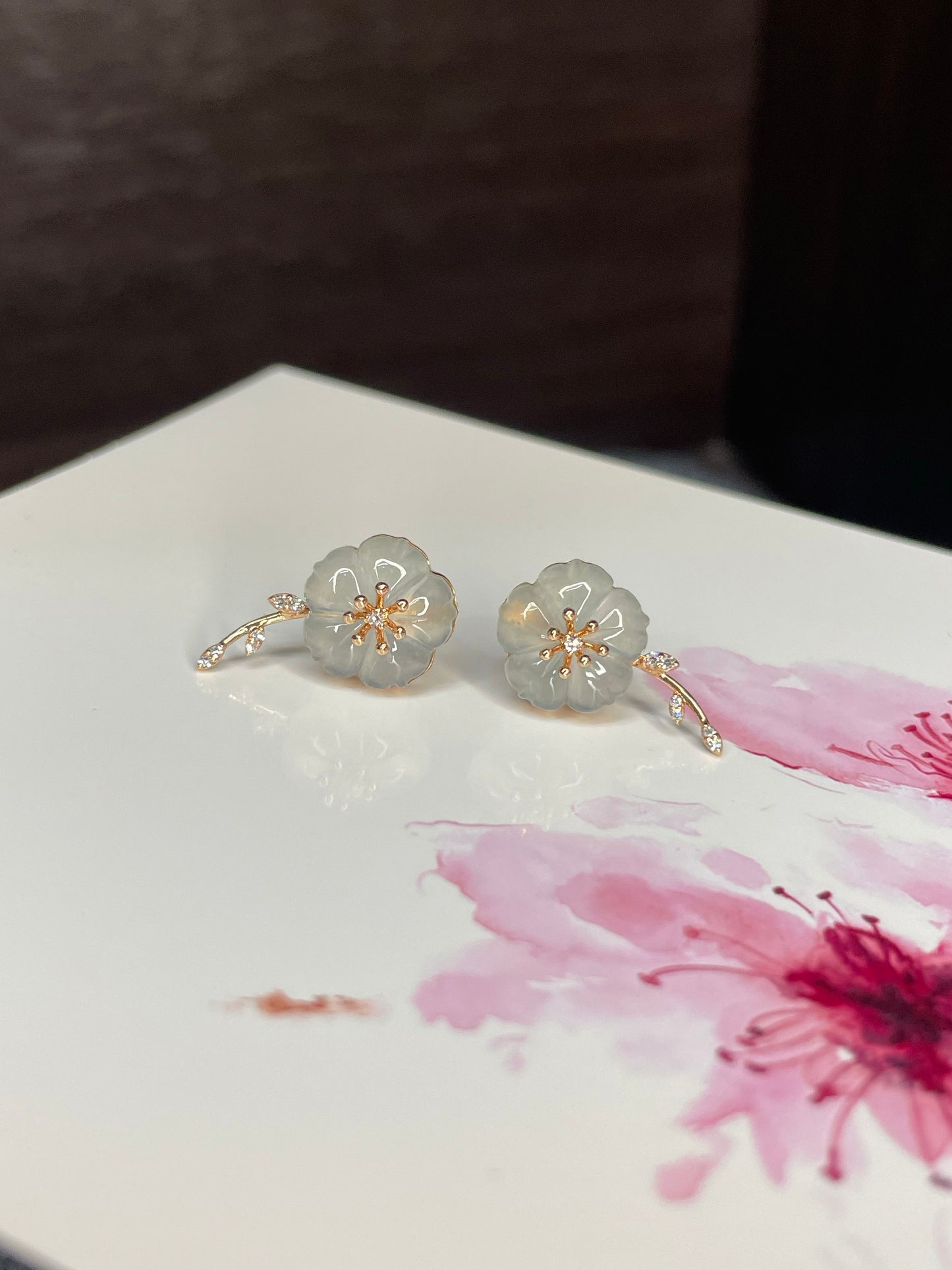 Icy Carved Jade Earrings - Plum Blossoms (NJE089)