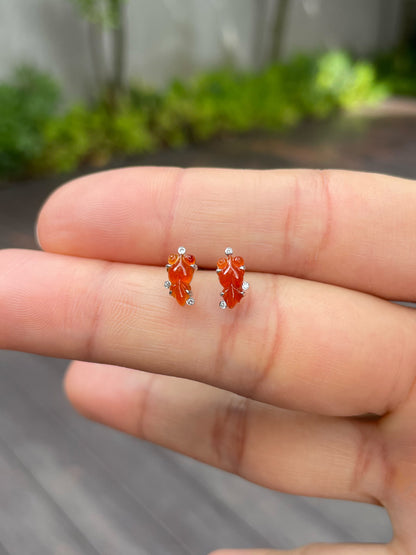 Orangey Red Jade Earrings - Goldfish (NJE096)