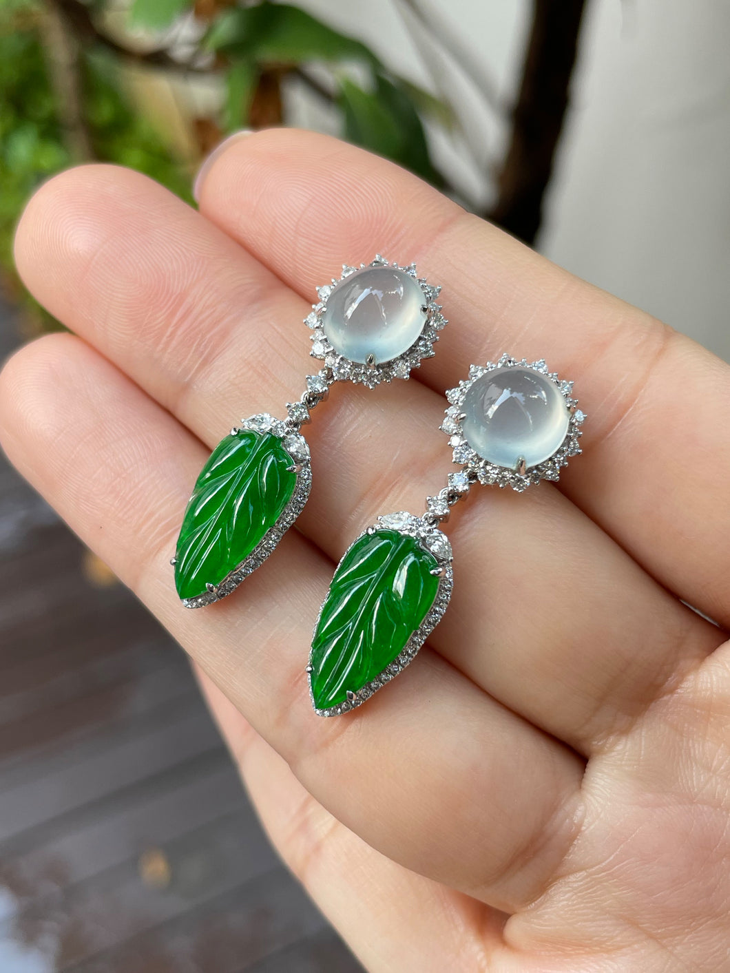 Icy Jade Cabochon With Green Leaf Jade Earrings (NJE031)