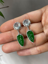 Load image into Gallery viewer, Icy Jade Cabochon With Green Leaf Jade Earrings (NJE031)

