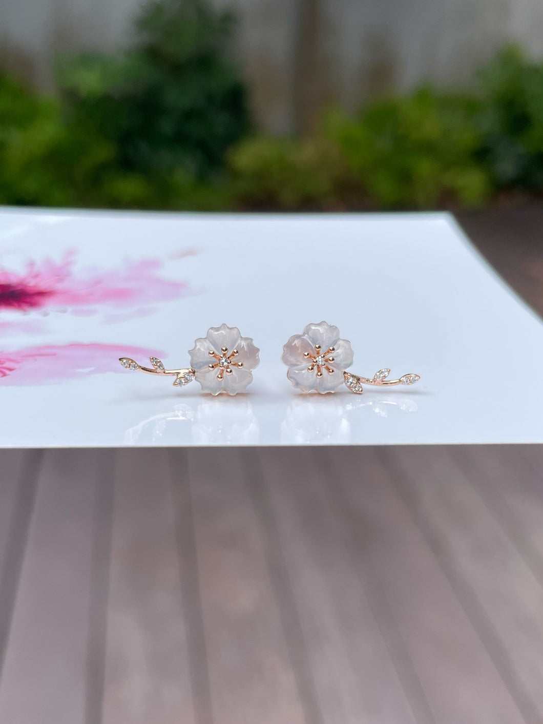 Icy Carved Jade Earrings - Plum Blossoms (NJE101)