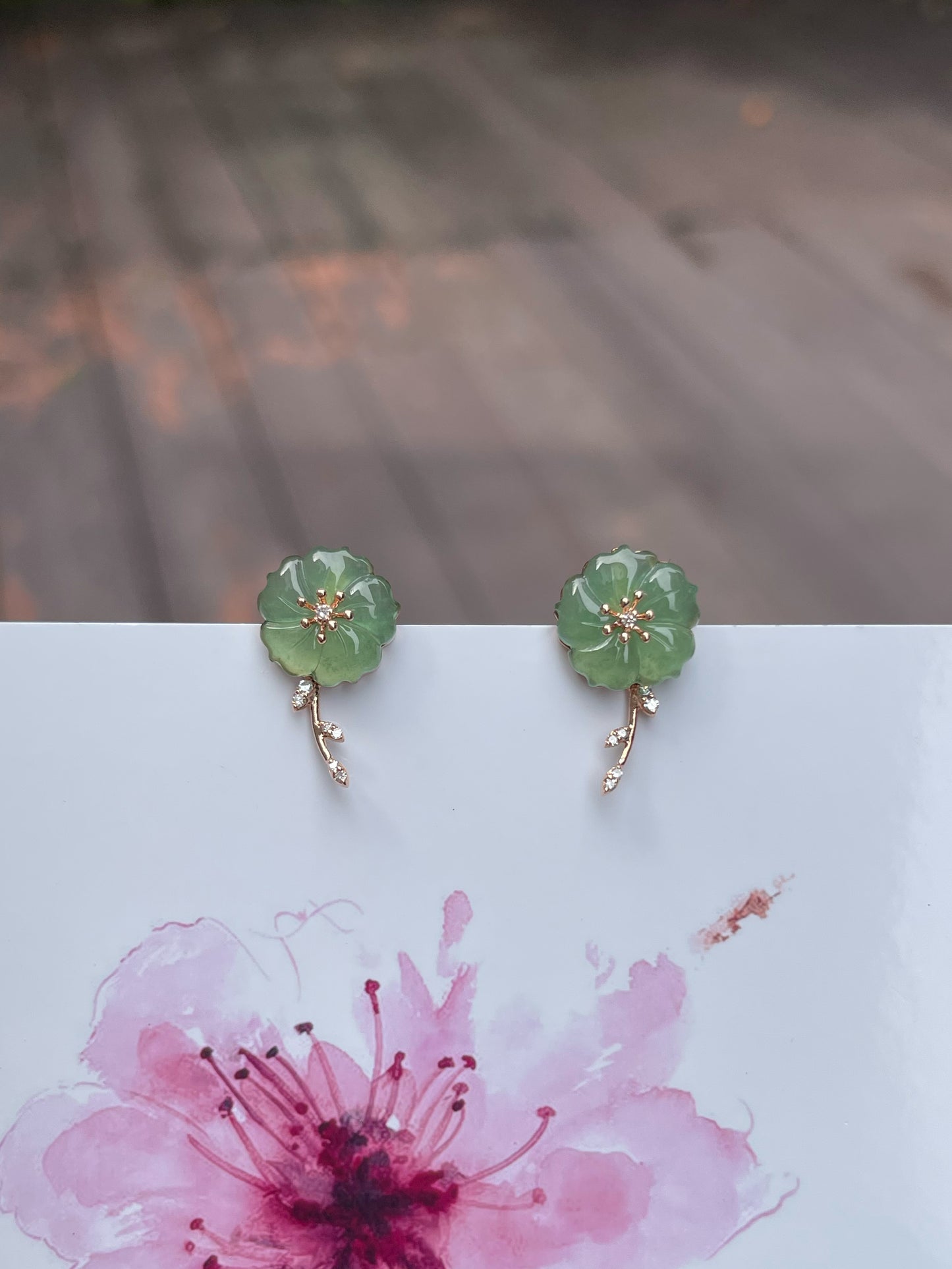 Icy Green Carved Jade Earrings - Plum Blossoms (NJE111)