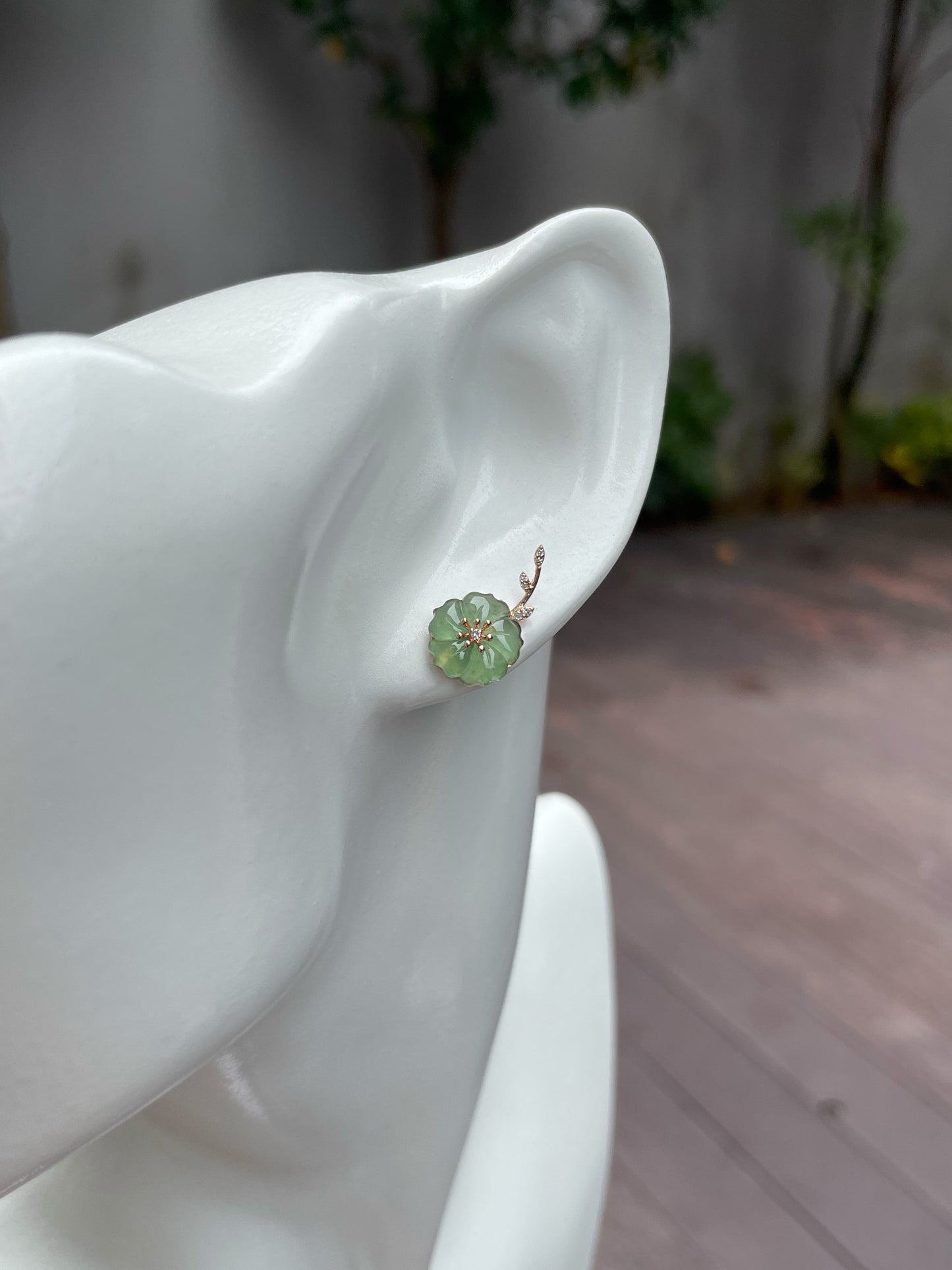 Icy Green Carved Jade Earrings - Plum Blossoms (NJE111)