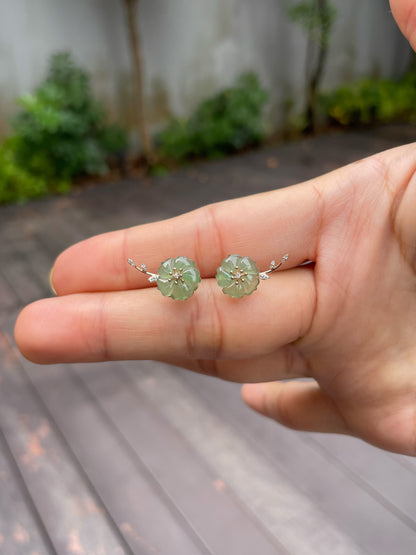 Icy Green Carved Jade Earrings - Plum Blossoms (NJE111)