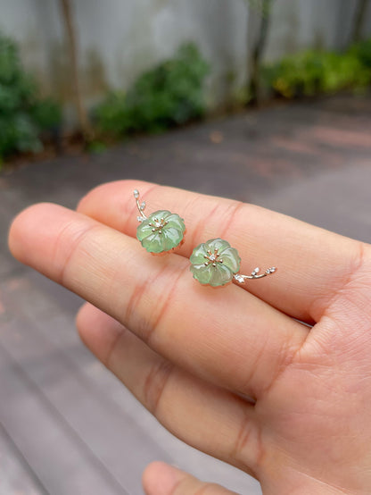 Icy Green Carved Jade Earrings - Plum Blossoms (NJE111)