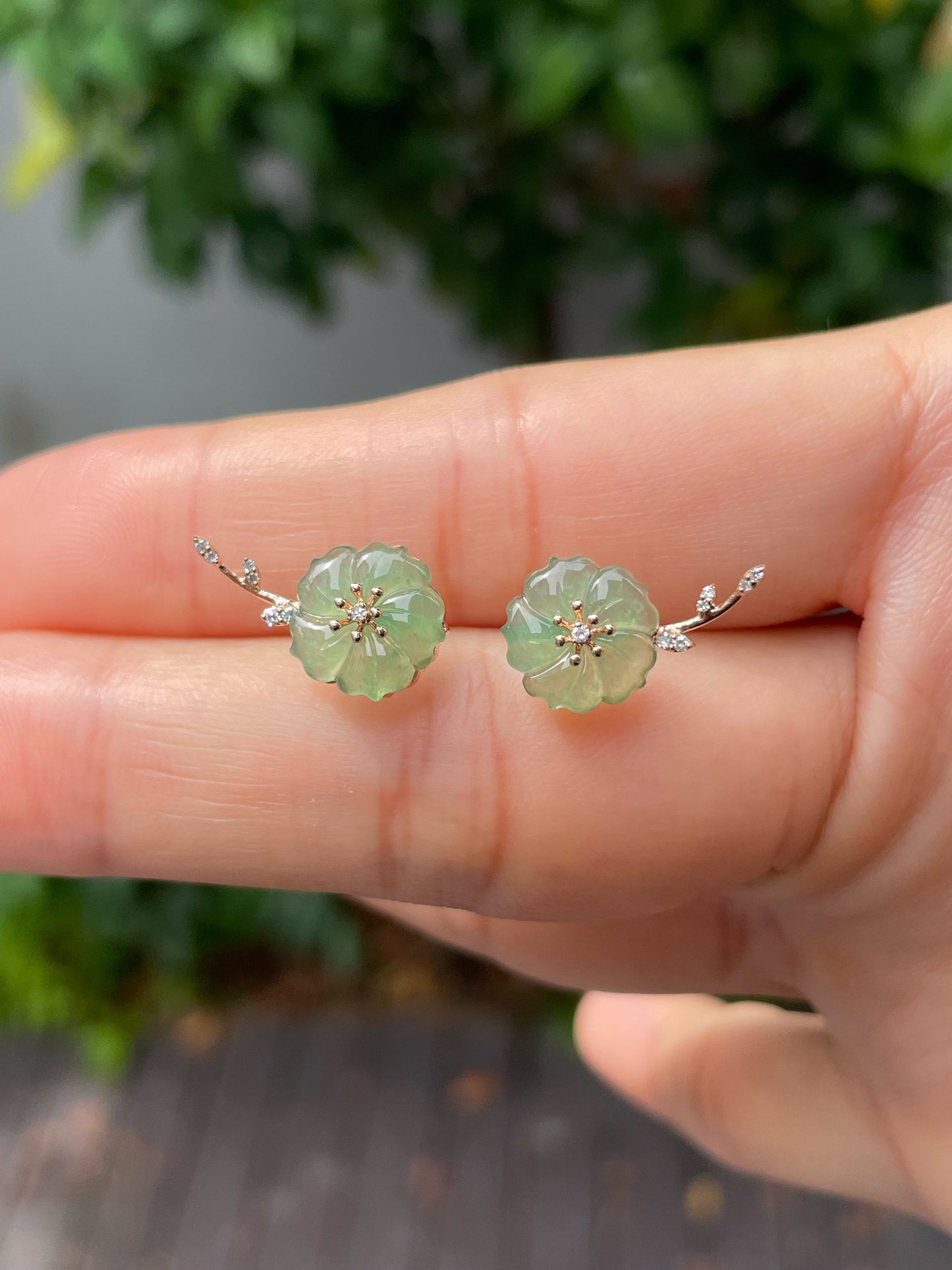 Icy Green Carved Jade Earrings - Plum Blossoms (NJE111)