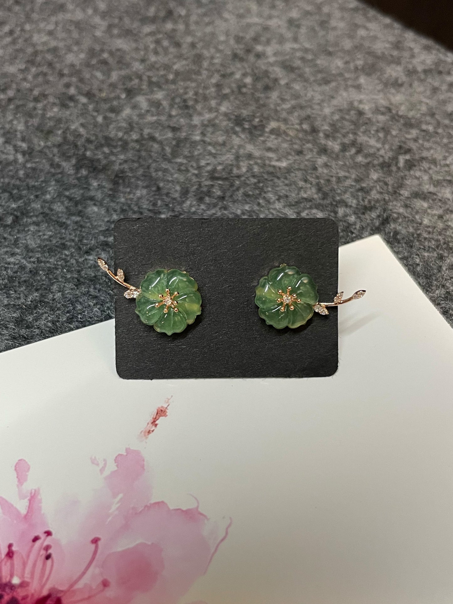 Icy Green Carved Jade Earrings - Plum Blossoms (NJE111)