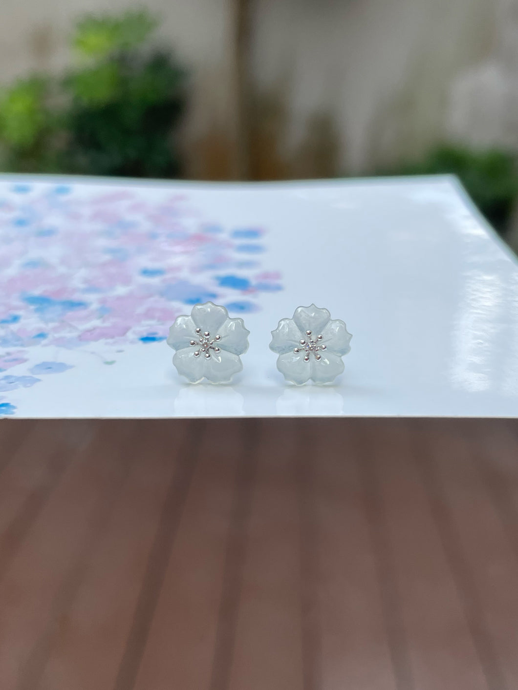 Icy Carved Jade Earrings - Plum Blossoms (NJE126)