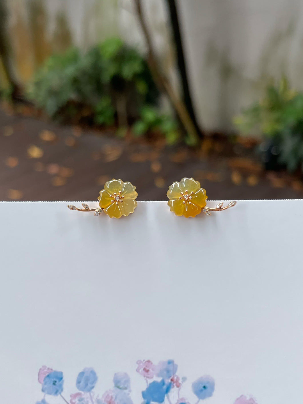 Icy Yellow Carved Jade Earrings - Plum Blossoms (NJE130)