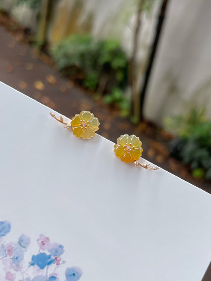 Icy Yellow Carved Jade Earrings - Plum Blossoms (NJE130)