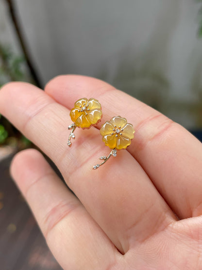 Icy Yellow Carved Jade Earrings - Plum Blossoms (NJE130)