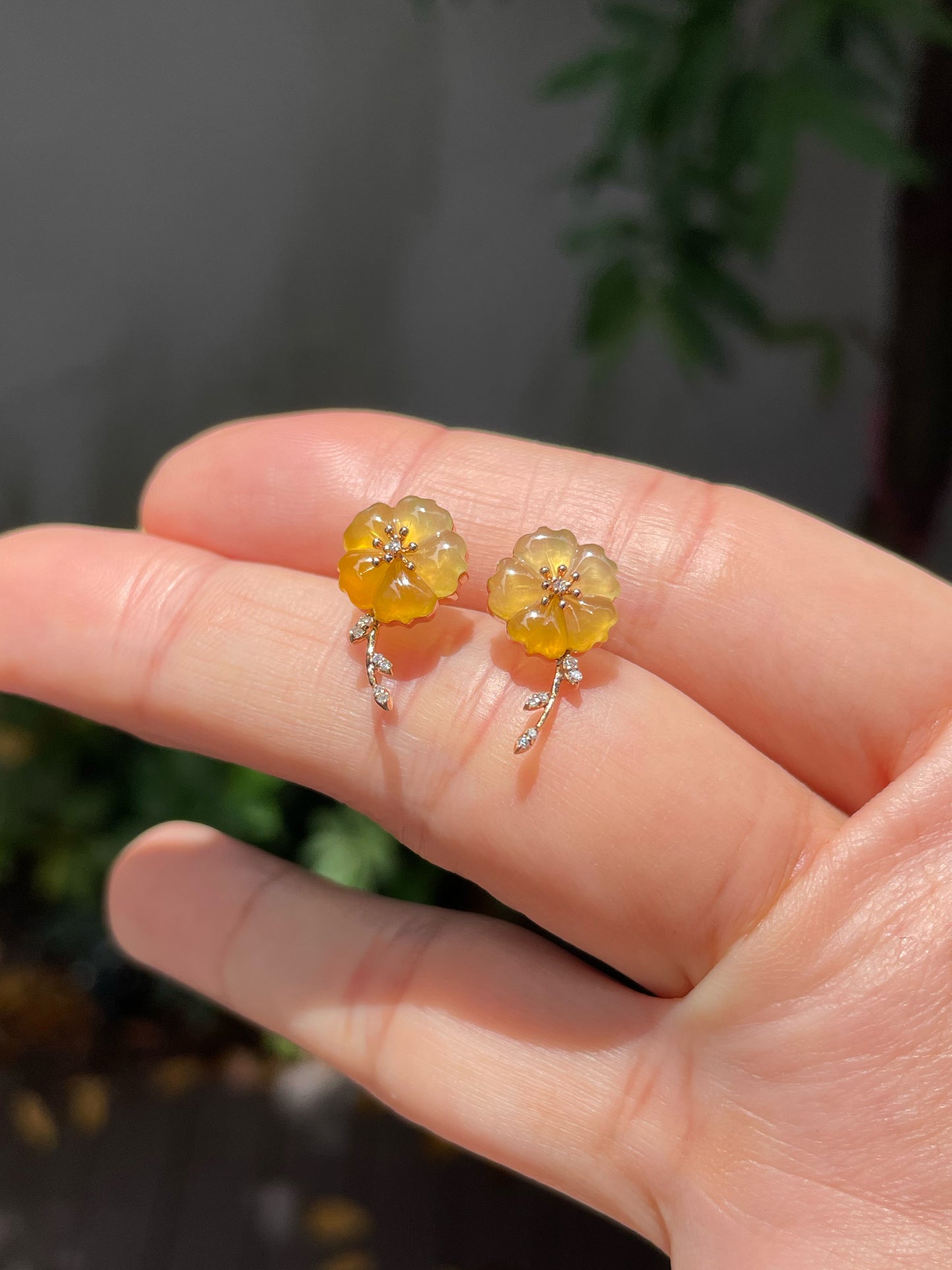 Icy Yellow Carved Jade Earrings - Plum Blossoms (NJE130)