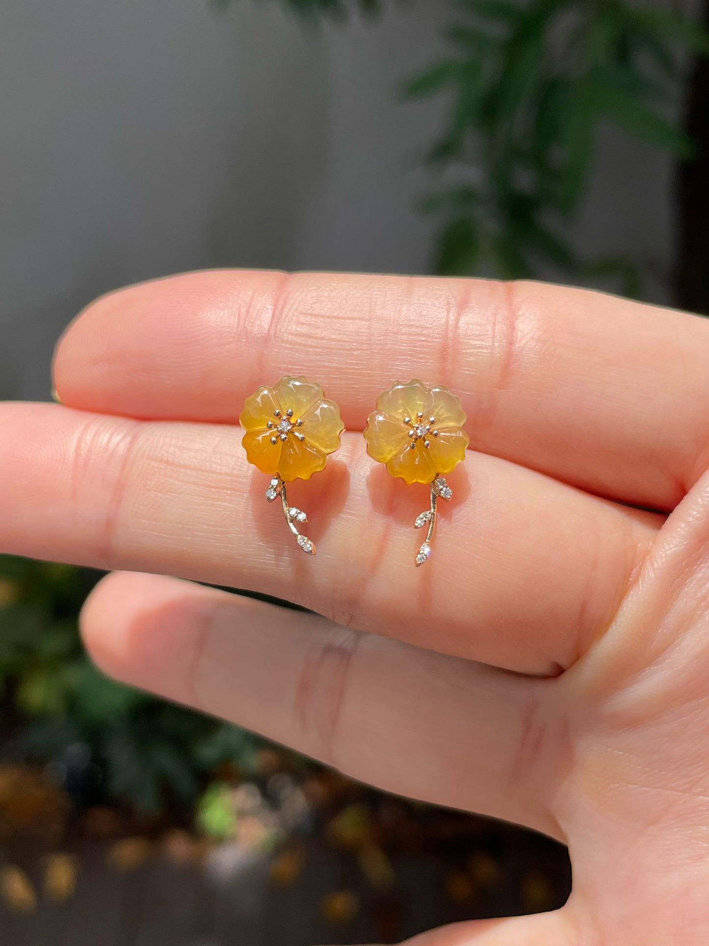 Icy Yellow Carved Jade Earrings - Plum Blossoms (NJE130)