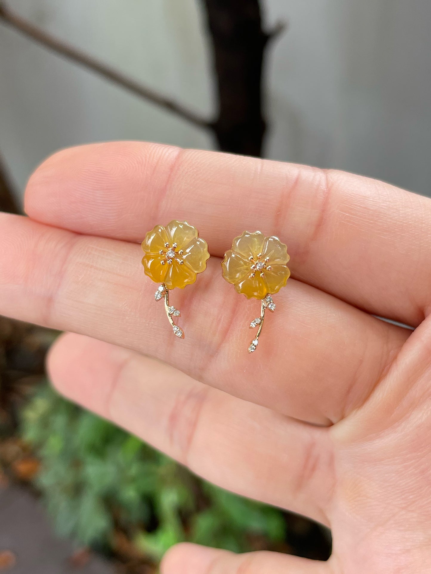 Icy Yellow Carved Jade Earrings - Plum Blossoms (NJE130)