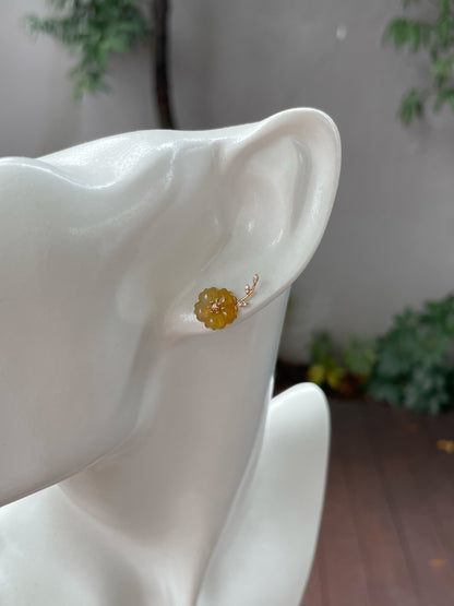 Icy Yellow Carved Jade Earrings - Plum Blossoms (NJE130)