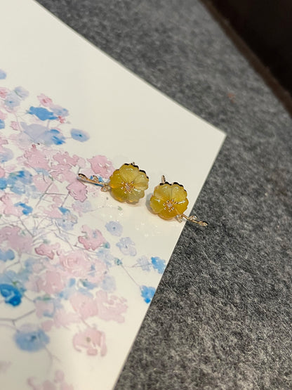 Icy Yellow Carved Jade Earrings - Plum Blossoms (NJE130)