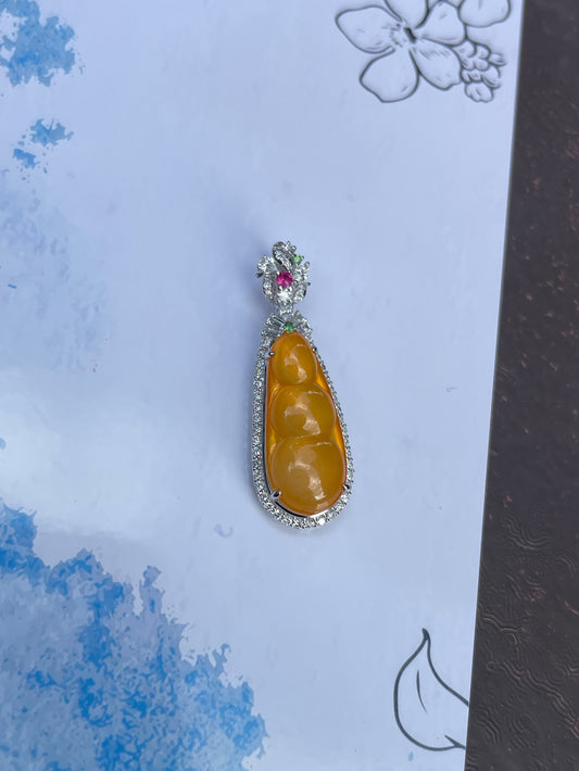 Orangy Yellow Jade Pendant -  Pea Pod Carving (NJP018)