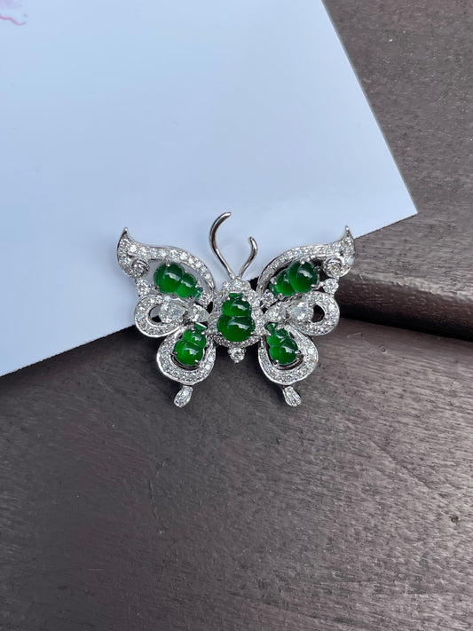 Green Jade Hu Lu 葫芦 Pendant / Brooch - Butterfly Design (NJP023)