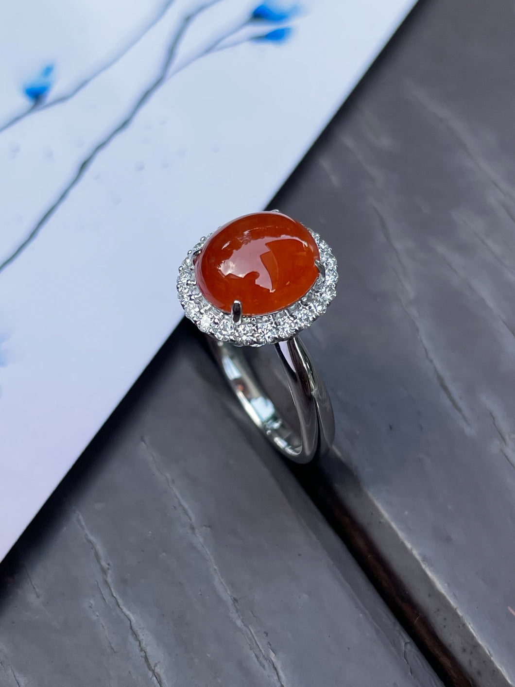 Orange Red Jade Cabochon Ring (NJR047)