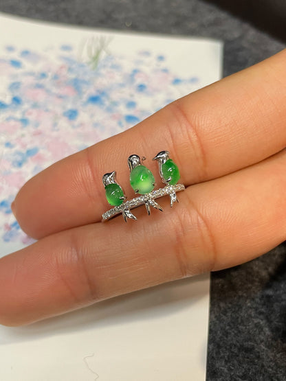 Icy Green Jadeite Cabochons Ring - Birds (NJR145)