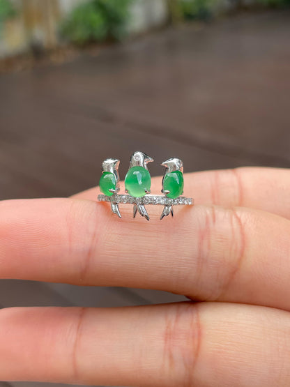 Icy Green Jadeite Cabochons Ring - Birds (NJR145)