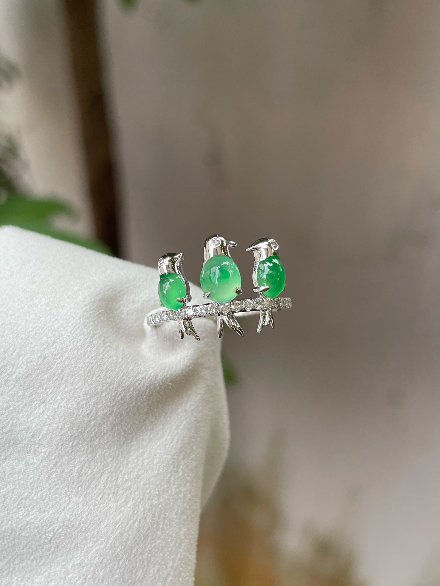 Icy Green Jadeite Cabochons Ring - Birds (NJR145)