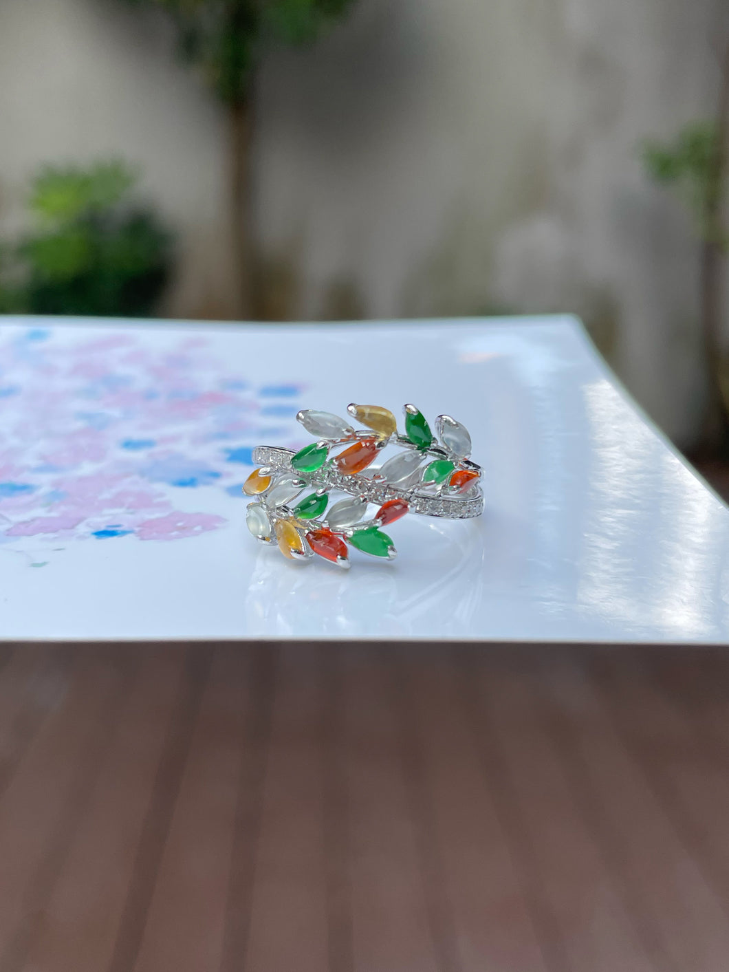 Multicoloured Jade Ring - Leaf (NJR153)