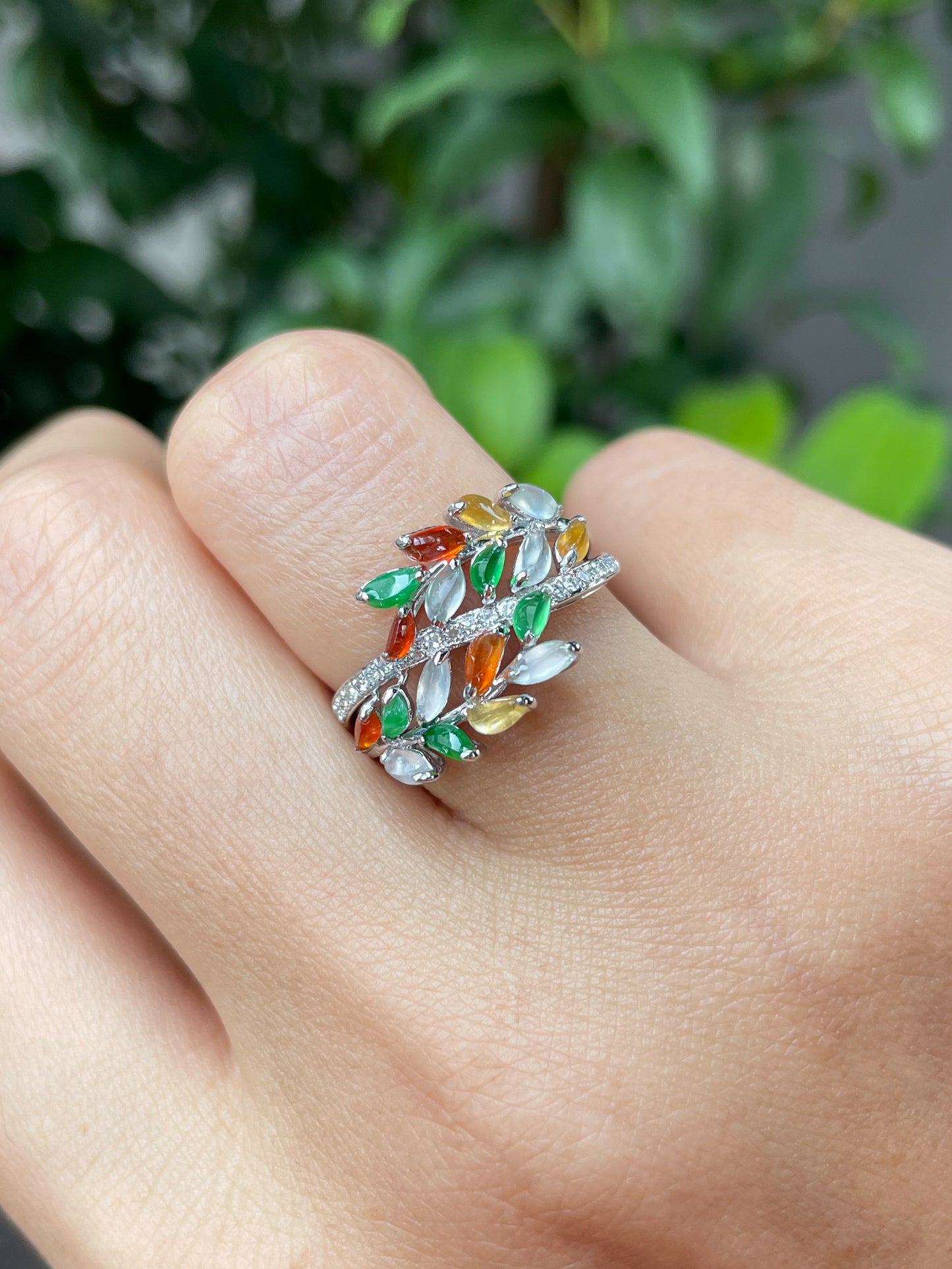 Multicoloured Jade Ring - Leaf (NJR153)