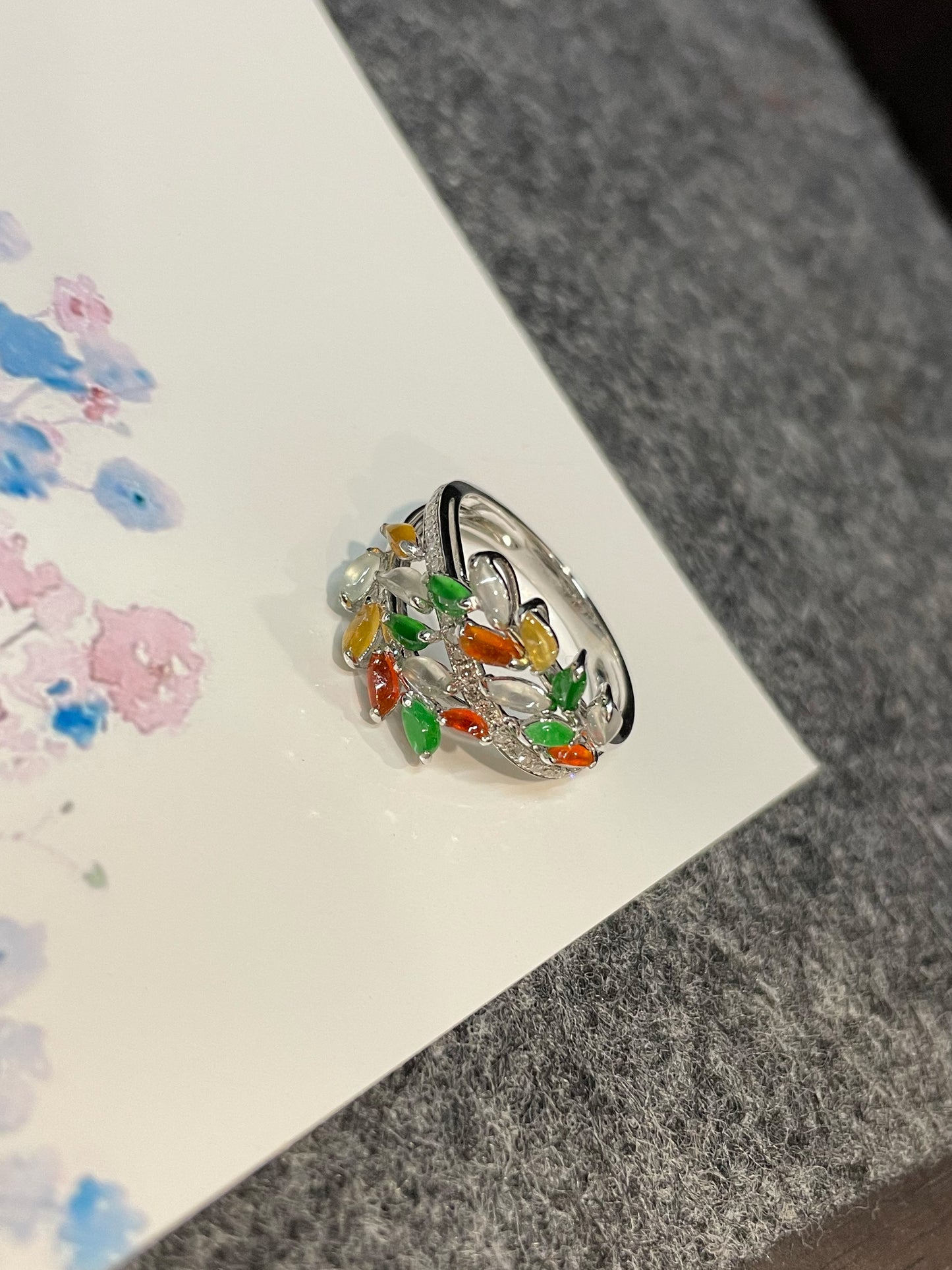 Multicoloured Jade Ring - Leaf (NJR153)